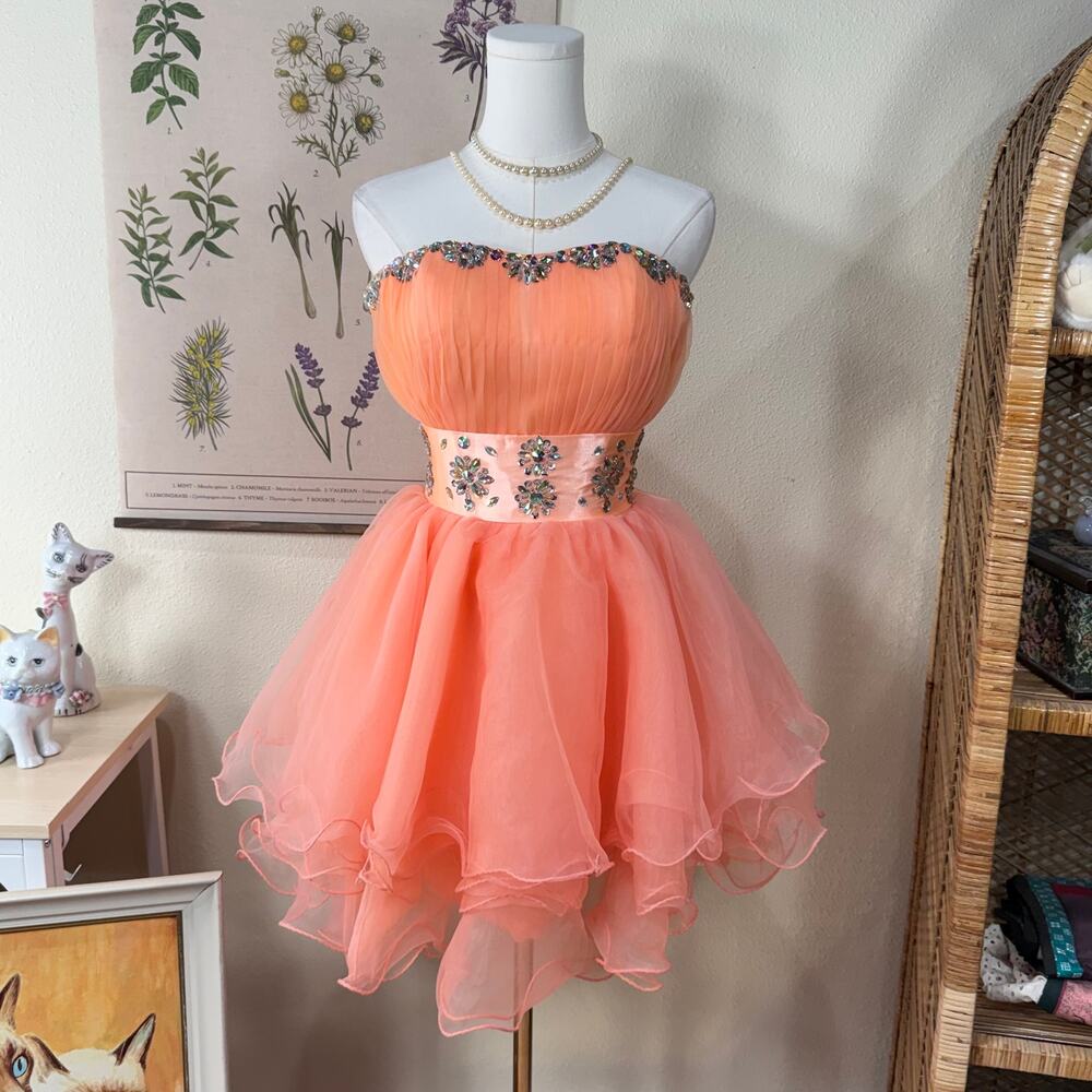 Beaded Lace Up Back Poof Cupcake Strapless Mini Party Dress Fairy Y2k Whimsy XS